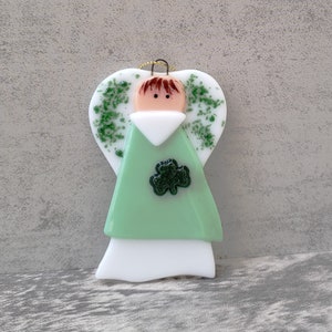 Small Fused Glass Irish Angel, Shamock Angel, St Patricks Day, Stained Glass Angel Suncatcher, Angel Ornament