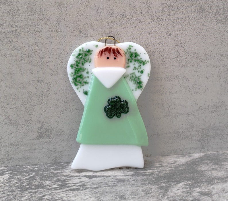 Small Fused Glass Irish Angel, Shamock Angel, St Patricks Day, Stained Glass Angel Suncatcher, Angel Ornament image 1