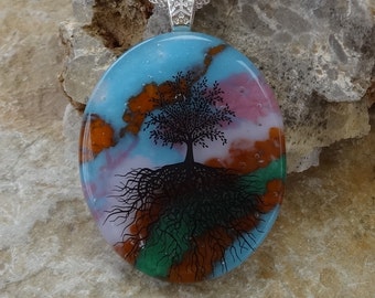 Blue and Pink Glass Pendant, Tree of Life Pendant, Oval Fused Glass Pendant,  Stone Look Glass Pendant -Tree of Life Fused Glass Pendant