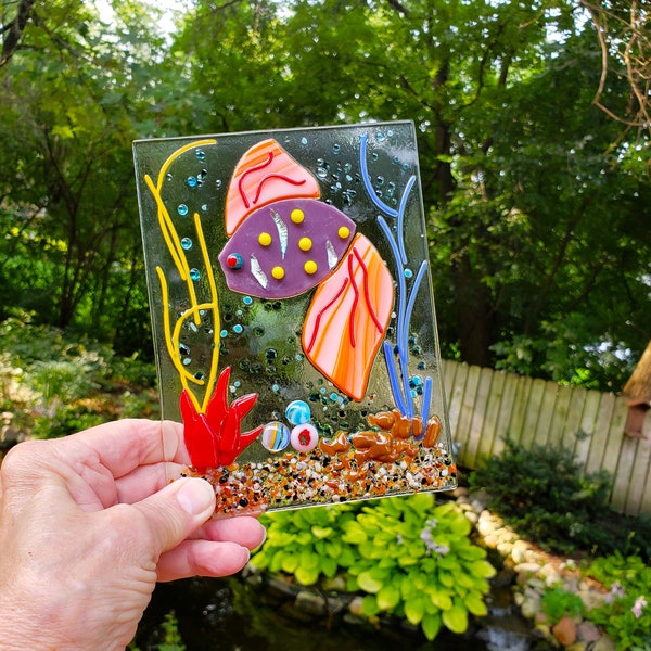 Purple and Orange Dichroic Fused Glass Fish Panel, Garden Candle Screen, Spring Summer Suncatcher, Fused Glass Nature Panel & Wooden Stand