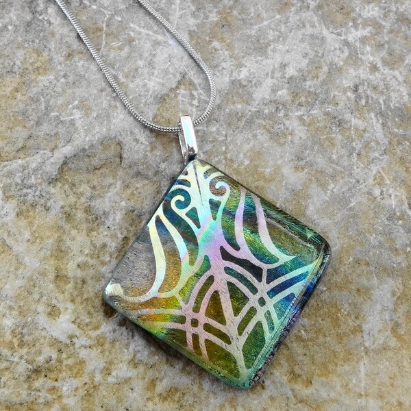 Diagonal Dichroic Glass Necklace, Fused Glass Pendant, Glass Slide, Dichroic Fused Glass Etched  Pendant,   - Southwest Rainbow