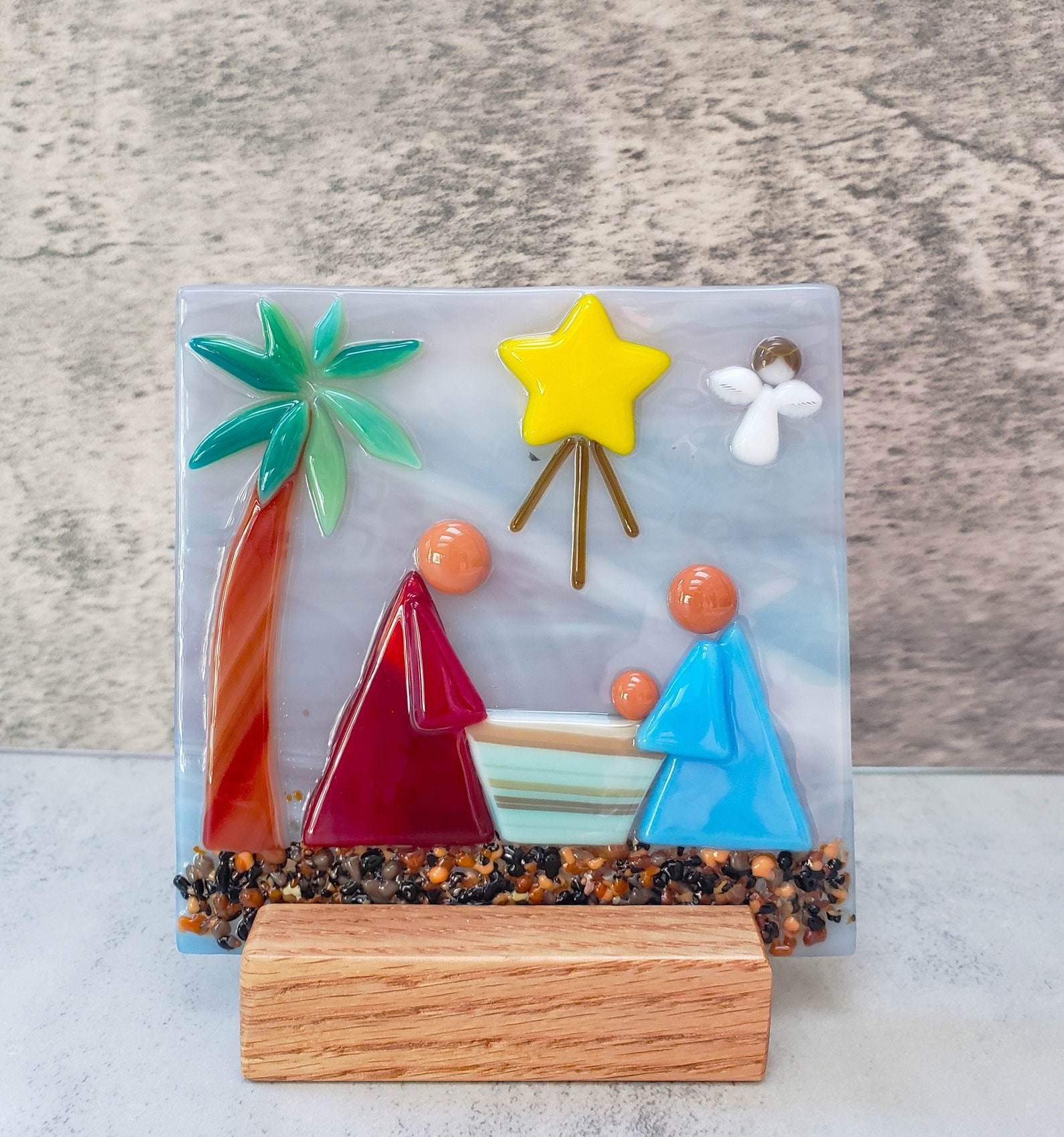 Nativity Stand Ethnic Fused Glass Nativity Wood Stand, Desert Holy Family Scene ...