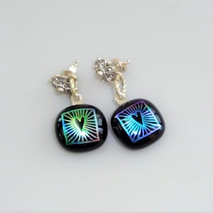 Dichroic Fused Glass Valentine Earrings, Rainbow Heart Drop Earrings, Sterling Silver Post Earrings