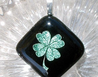 Dichroic Glass Luck Symbol, Fused Glass Irish Pendant, Dichroic Glass Pendant, Etched Fused Glass  4 Leaf Clover Pendant, St Patrick Day