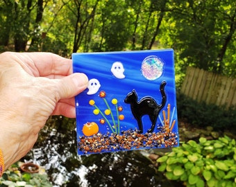 Fused Glass Halloween Scene with Stand or Tealight, Table Top Holiday Decoration, Black Cat and Ghost Fused Glass Panel