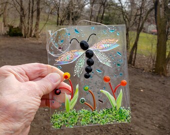 Dichroic Fused Glass Dragonfly Panel, Garden Suncatcher, Garden Art, Spring Summer Suncatcher, Fused Glass Nature Sun Catcher