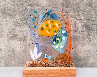 Blue and Orange Dichroic Fused Glass Fish Panel, Garden Candle Screen, Spring Summer Suncatcher, Fused Glass Nature Panel with Wooden Stand