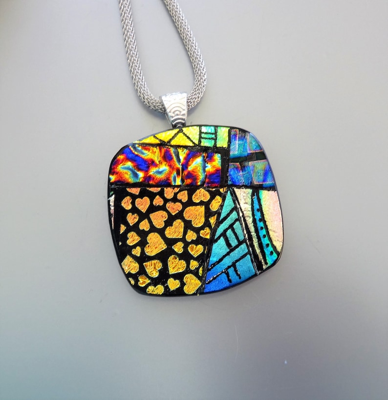 Hand Engraved Pendant Square Dichroic Fused Glass Necklace Dichroic Jewelry Statement Necklace Zentangle Glass Pendant Signs of Spring