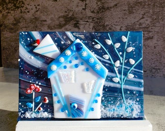 Fused Glass Blue and White Frozen House Panel with Stand, Table Top Holiday Decoration, Fused Glass Christmas Decoration , Frozen