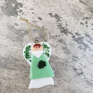 Small Fused Glass Irish Angel, Shamock Angel, St Patricks Day, Stained Glass Angel Suncatcher, Angel Ornament image 3