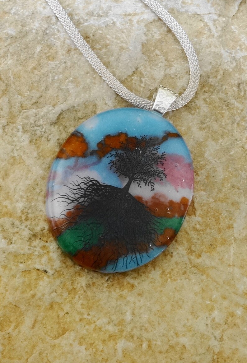 Blue and Pink Glass Pendant Tree of Life Pendant Stone Look Glass Pendant -Tree of Life Fused Glass Pendant Oval Fused Glass Pendant