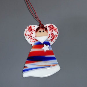 Small Red, White and Blue Fused Glass Angel, Patriotic Angel, 4th of July, Memorial Day, Military Stained Glass Angel Suncatcher image 1