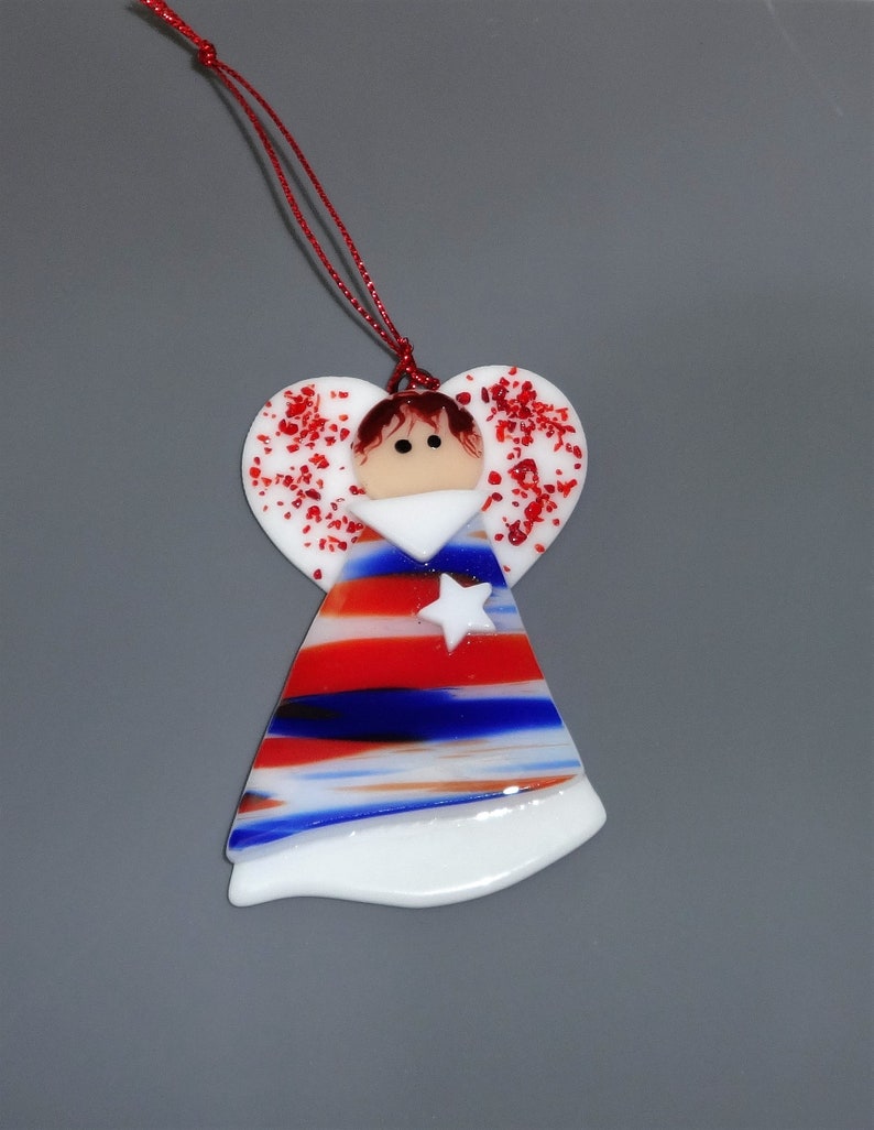 Small Red, White and Blue Fused Glass Angel, Patriotic Angel, 4th of July, Memorial Day, Military Stained Glass Angel Suncatcher image 1