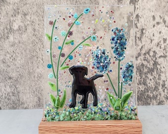 Black Puppy in a Flower Garden in wooden Stand, Fused Glass Dog Nature Panel, Dog Lover Gift, Garden Candle Screen, Spring Summer