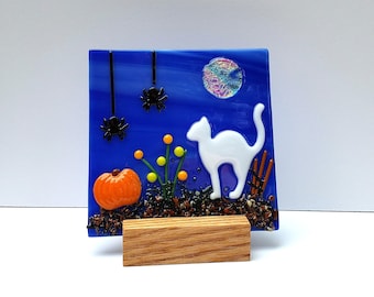 White Cat and Spiders Fused Glass Panel, Fused Glass Halloween Scene with Stand or Tealight, Table Top Holiday Decoration