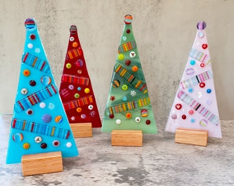 Decorated Fused Glass Christmas Tree with Wooden Stand OR Tealight Candle, Decorated Xmas Tree, Candle Screen, Table Top Decoration