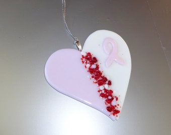 Fused Glass Breast Cancer Awareness Heart Suncatcher, Pink and White Glass Heart, Glass Valentine Heart Suncatcher, Survivor Heart