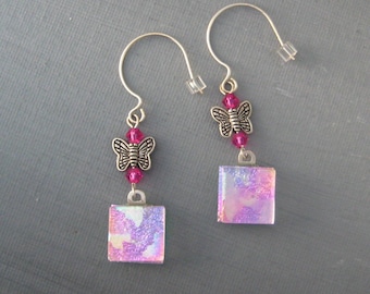 Dichroic Fused Glass Pink Butterfly Earrings, Fused Glass Earrings - Pink Butterflies