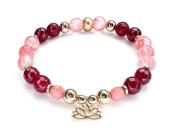 Lotus Love bracelet/ Light Gold/ g Gemstone Wellness/ Emotional Healing/ Cherry Quartz / Jade /Stretch