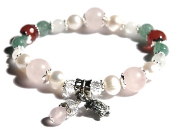 JUNO Fertility Stretch Bracelet with Rose Quartz, Moonstone, Carnelian, Green Aventurine, Pearls, Crystals- great pregnancy bracelet