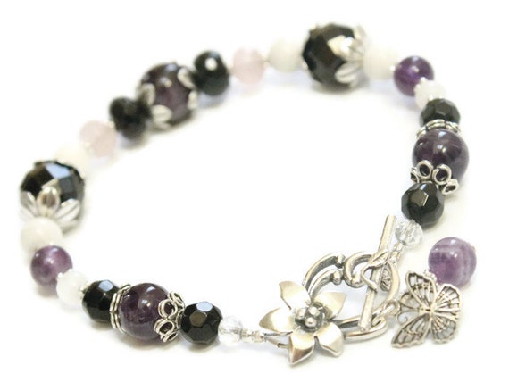 Sterling Silver Gemstone Bracelet with Amethyst, Black Onyx, Rose Quartz, Moonstone, Howlite- anti-anxiety bracelet-ease depression