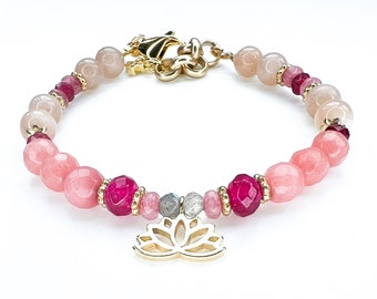 Gemstone Wellness bracelet, Gold Lotus charm, Emotional Healing, Moonstone, Labradorite, Cherry Quartz, Jade