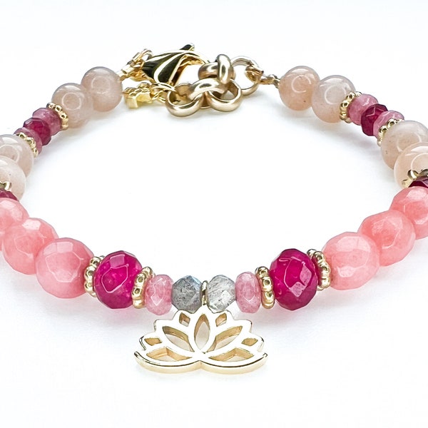 Gemstone Wellness bracelet, Gold Lotus charm, Emotional Healing, Moonstone, Labradorite, Cherry Quartz, Jade