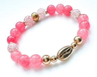 Self-Love Gemstone bracelet / Pink / Jade / Gold Stretch / Shell Bead