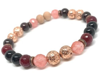 Rose Gold Gemstone Wellness bracelet, Stretch, Lava, Cherry Quartz, Garnet, Holistic Healing jewelry