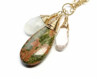 Unakite Sterling Silver or 14K Gold Fill Gemstone Necklace, Childbirth, Pregnancy protection, holistic healing, crystal energy, Doula