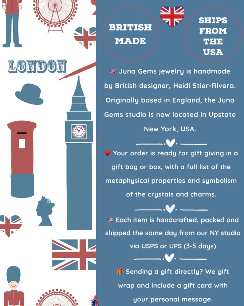 May include: An illustrated graphic with London landmarks, British flags, and text that reads "British Made" and "Ships from the USA." The image also includes text about handmade jewelry.