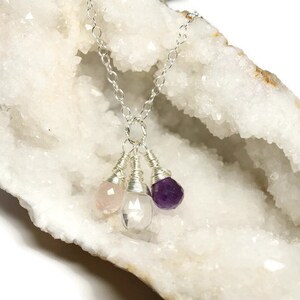MILA Sterling Silver Gemstone Necklace - Rose Quartz/ Amethyst/Rock Crystal / February Birthstone/ Genuine Gemstones /Healing Energy