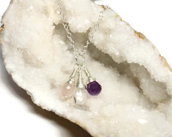 MILA Sterling Silver Gemstone Necklace - Rose Quartz/ Amethyst/Rock Crystal / February Birthstone/ Genuine Gemstones /Healing Energy