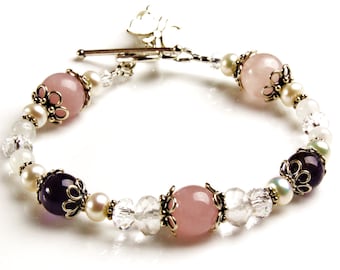 APHRODITE Fertility Pregnancy Bracelet- STERLING SILVER with Amethyst, Rose Quartz, Moonstone, Pearls and Rock Crystal