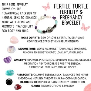 May include: A beaded bracelet with a turtle charm, featuring rose quartz, moonstone, amethyst, amazonite, black onyx, and garnet gemstones. Text reads "Fertile Turtle Fertility & Pregnancy Bracelet". The bracelet is designed to enhance well-being.