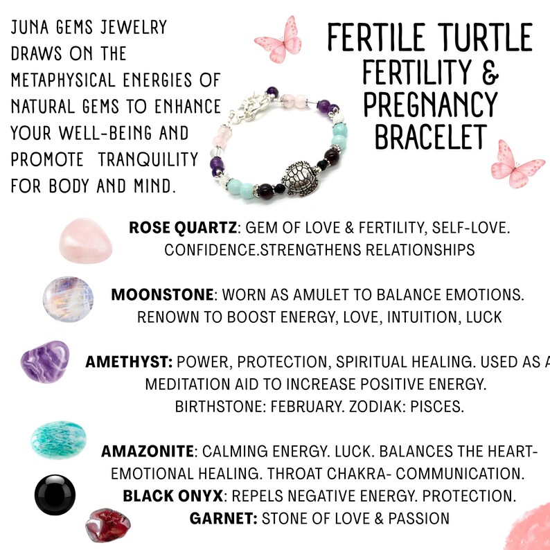 May include: A beaded bracelet with a turtle charm, featuring rose quartz, moonstone, amethyst, amazonite, black onyx, and garnet gemstones. Text reads "Fertile Turtle Fertility & Pregnancy Bracelet". The bracelet is designed to enhance well-being.