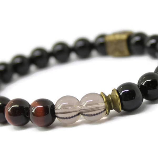 Unisex gemstone Stretch Bracelet / Red Tigers Eye, Black Onyx, Smokey Quartz, Bronze, Copper, spiritual healing, Mala, Holistic Healing