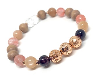 Gemstone Oil Diffuser Wellness bracelet, Stretch, Rose Gold, Rose Wood, Lava, Cherry Quartz, Garnet, Holistic Healing Jewelry