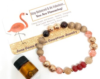 Be FLAMAZING! Gemstone Oil Diffuser Wellness bracelet, Stretch, Rose Gold, Rose Wood, Lava, Cherry Quartz, Garnet, Holistic Healing Jewelry