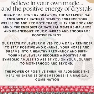 May include: An advertisement for Juna Gems Jewelry featuring text about the positive energy of crystals and fertility jewelry. The image displays rows of gemstone beads in red, black, and peach colors, with a sun graphic at the top.