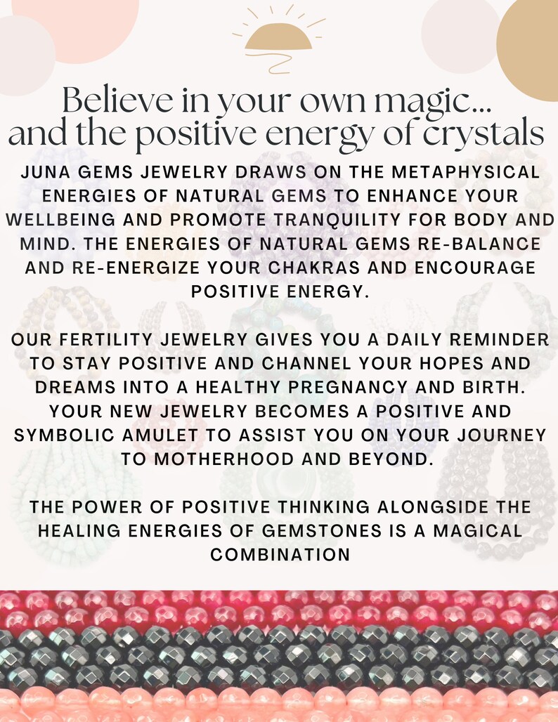 May include: An advertisement for Juna Gems Jewelry featuring text about the positive energy of crystals and fertility jewelry. The image displays rows of gemstone beads in red, black, and peach colors, with a sun graphic at the top.