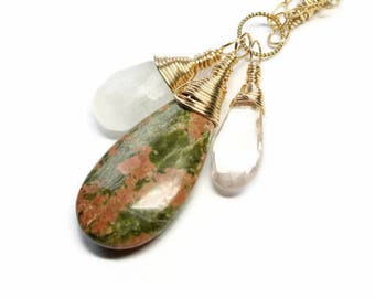 14K Gold Fill Doula Necklace, Unakite Gemstone,Childbirth, Pregnancy protection, holistic healing, crystal energy
