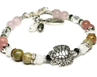 Fertility Turtle Bracelet – Rhodonite, Rose Quartz, Moonstone, Unakite for Childbirth and Pregnancy- Crystal Healing for Women