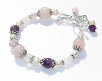 APHRODITE Fertility Pregnancy Bracelet- STERLING SILVER with Amethyst, Rose Quartz, Moonstone, Pearls and Rock Crystal