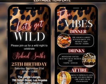 Lets Get Wild Birthday Invitation, Animated Invitation, Editable Template, Cheetah Print Lets Get, Night Invite, Cheetah Theme Party Invite