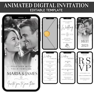 May include: Animated digital wedding invitation template shown on smartphones. The design includes photos of a couple, wedding details, RSVP information, and a timeline. The invitation features a monochrome colour scheme.