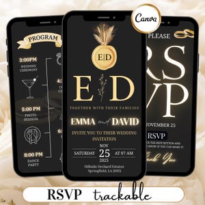 May include: Three smartphones displaying a wedding invitation and program. The main invitation features gold text on a black background with the initials "E" and "D". The program lists the wedding ceremony, photo session, and dance party.