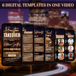 May include: Six digital templates for a girls' trip, displayed on smartphones. The templates include event details for a Houston takeover, itinerary, restaurant suggestions, travel details, squad information, and outfit ideas. The background features a blurred city skyline.