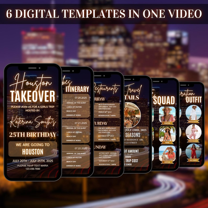 May include: Six digital templates for a girls' trip, displayed on smartphones. The templates include event details for a Houston takeover, itinerary, restaurant suggestions, travel details, squad information, and outfit ideas. The background features a blurred city skyline.