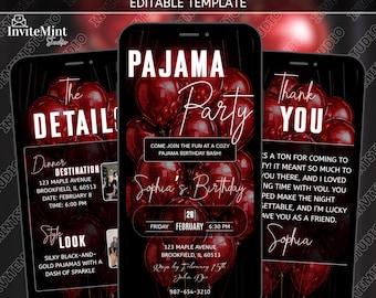 Elegant Red Pajama Birthday Party Invitation, Editable Canva Template, Classy Digital Sleepover Celebration Invite